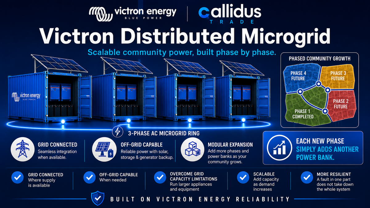 Victron distributed microgrid with phased power banks