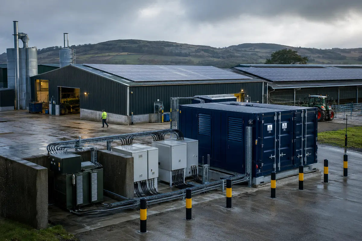 Farm and commercial site supported by solar battery and microgrid power