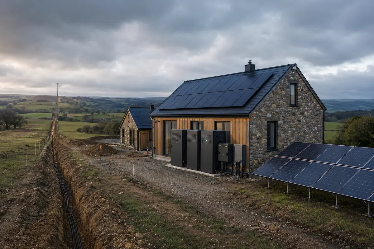 Rural property comparing a grid connection route with on-site solar and battery power